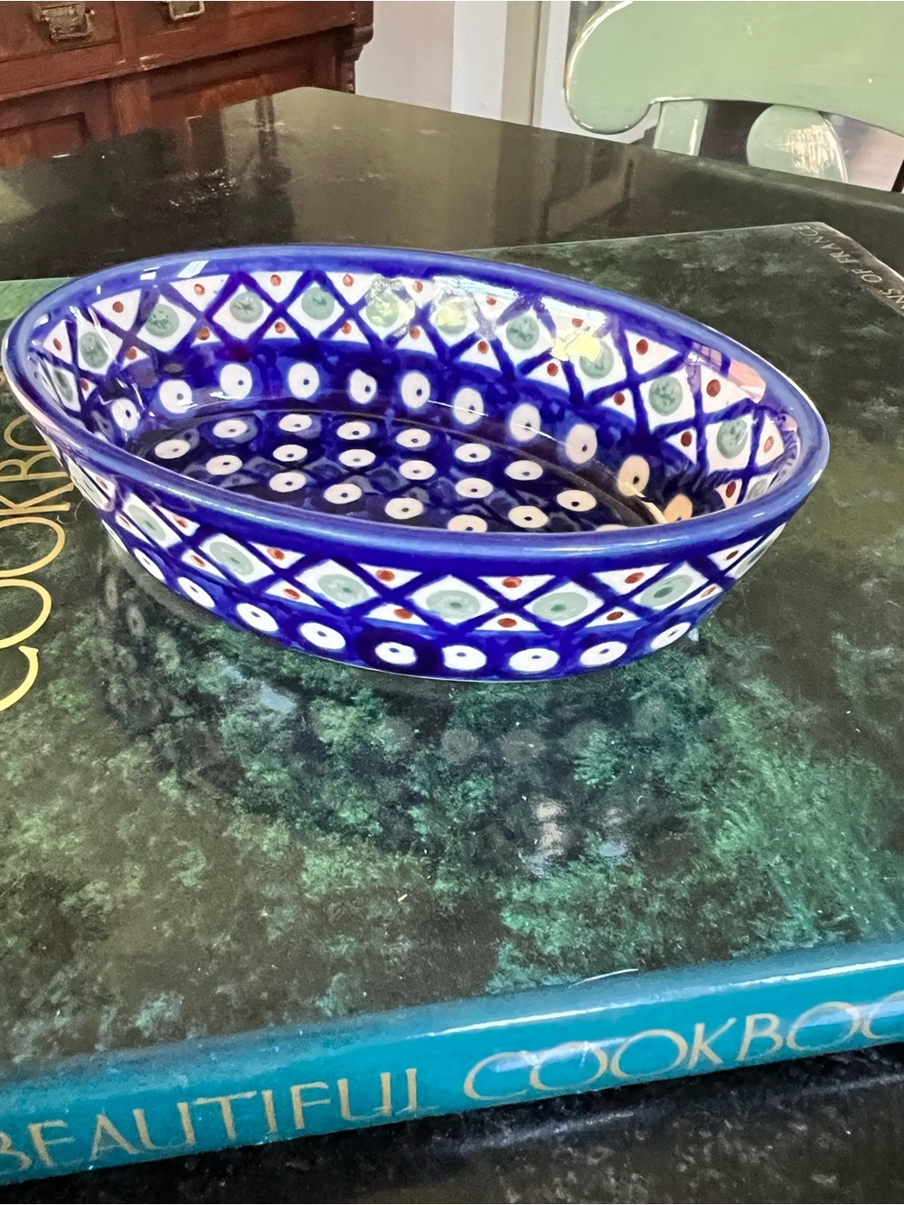 Polish Hand-Painted Oval Ceramic Bowl in Cobalt Blue and Cream - Picture 7 of 7